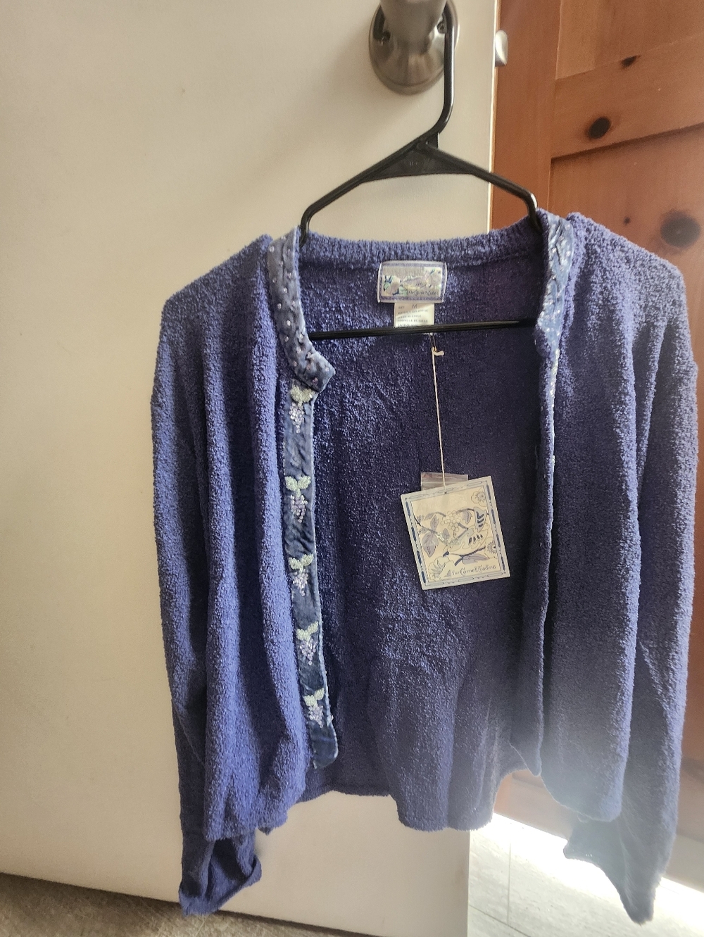 April Cornell Purple Women's Open-Front Cardigan with Velvet And Bedaded Trim